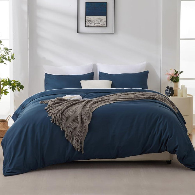 LINENLINE Duvet Cover King Size, Rayon Derived from Bamboo, Cooling & Soft King Duvet Cover Set, 1 Zipper Closure Duvet Cover 104"x90" & 2 Pillow Shams, Comforter Not Included, Navy