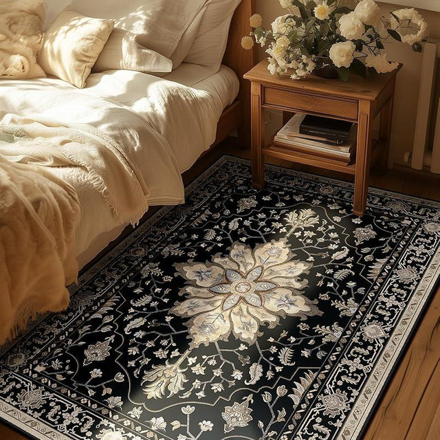 RELEANY Area Rugs 3'x5' Washable Non-Slip, Floral Vintage Distress Print Pattern Medallion Carpet for Living Room Bedroom Dining Room, Black Brown Neutral