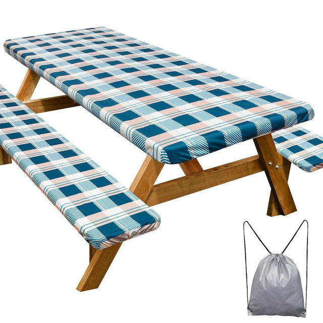 Picnic Table Cover with Bench Covers Camping Essentials Waterproof Windproof Camping Tablecloth with Drawstring Bag, Fitted Rectangle Tables and Seats, 72in, Green Checkered