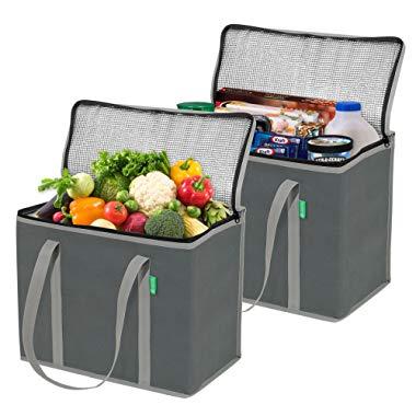 XL Insulated Grocery Bag Set (2-Pack, Gray). Premium Quality Cooler Bags with Solid Bottom and Sturdy Zipper. Reusable Insulated Bag Totes for Hot or Cold Food Delivery, Groceries, Travel, Shopping