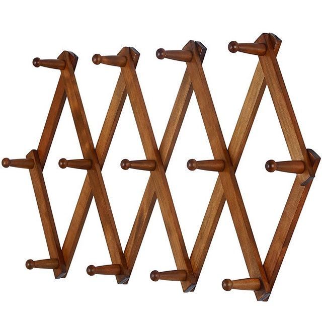 Dseap Accordian Wall Hanger: 16” High Wooden Wall Expandable Coat Rack, Hat Rack Holder, Accordion Hook for Baseball Caps, Coats, Mugs, 13 Peg Hooks, Brown