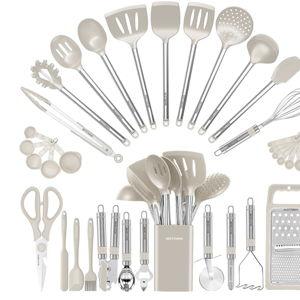 Kitchen Utensil Set-Silicone Cooking Utensils-33 Kitchen Gadgets & Spoons for Nonstick Cookware-Silicone and Stainless Steel Spatula Set-Best Kitchen Tools, Useful Pots (Khaki)