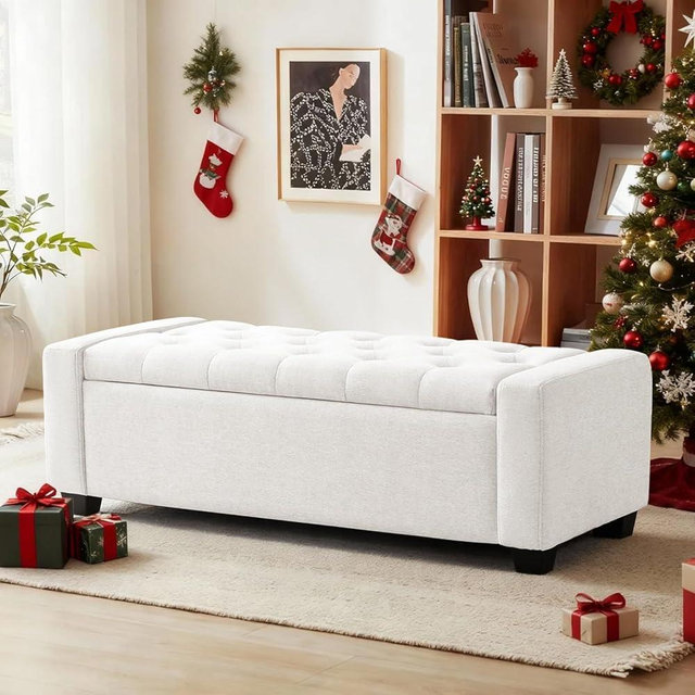 Huatean Home 48" Ottoman with Storage, White Storage Ottoman Bench with Safety Hinge, Upholstered Entryway Bench with Seating for Bedroom, Living Room, Holds up to 330 lb