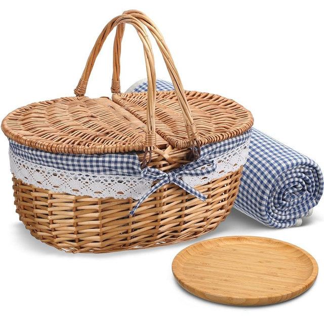 Gandeer Picnic Basket with Blankets and Bamboo Plates Picnic Supplies Set Basket with Lid and Handle Wicker Picnic Basket Sturdy Woven Body with Washable Lining for Camping(Blue)
