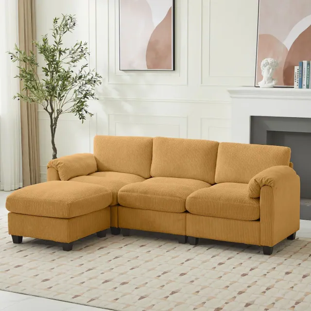 Hyleory 78" Corduroy Modular Sectional Sofa, U Shaped Couch,3 Seater Corner Sofa for Living Room, Office, Spacious Space,Yellow