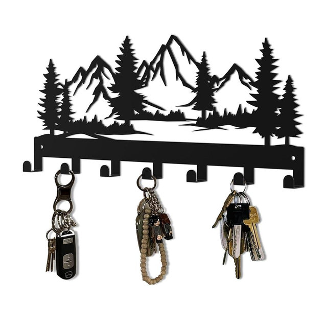 Hounahha Key Holder Wall Mounted Key Hooks, Black Metal Key Rack Hooks, The Great Grove, Mountain Theme Wall Decoration Hooks, with 7 Hooks, Applicable to Front Doors, Lobby,Corridor, Offices (12 ")