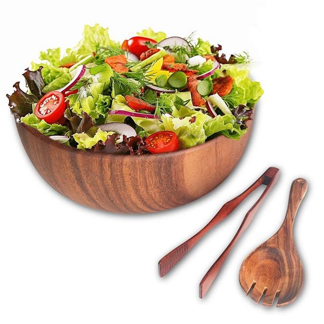 TNCANJU Salad Bowls, Wooden Salad Bowls Set, Large Acacia Wood Serving Bowl for Soup， Fruits，Popcorn，Big Salad Bowl with Serving Utensils（Includes a Spoon And a Pair Of Tongs.）