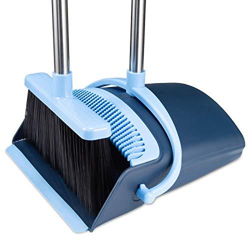 Broom and Dustpan Set 2019 Outdoor Or Indoor Broom Dust Pan 3 Foot Angle Heavy Push Combo Upright Long Handle for Kids Garden Pet Dog Hair Lobby Wood Floor Sweeping Kitchen House (Broom Blue)