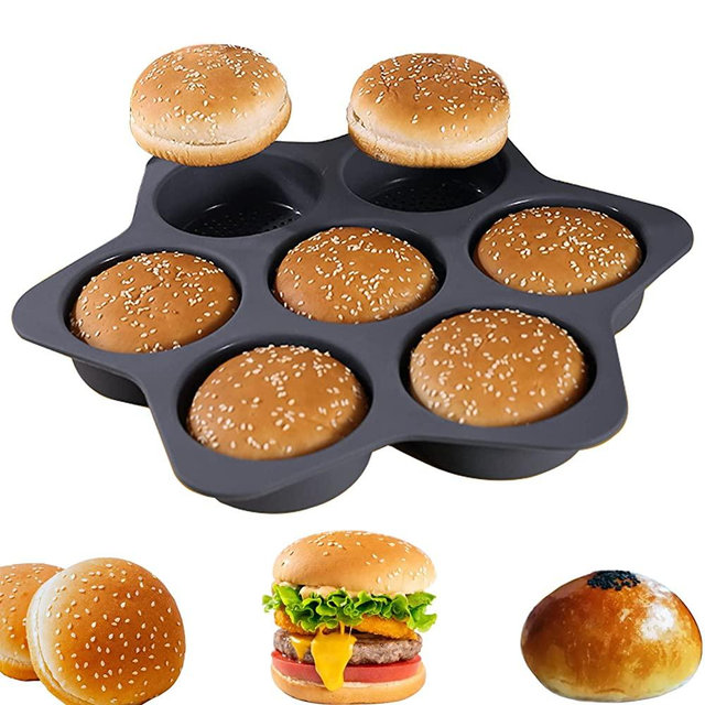 atrccs Silicone Hamburger Bun Mold 7 cavity loaf pan Non Stick Baking Pannon-stick pan easy to release household silicone food baking New Baking tool (black)
