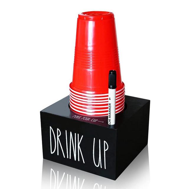 Cup Holder with Marker Slot, Mark Your Cup and Drink Up Cups Dispenser, Farmhouse Disposable Cups Organizer, Rustic Plastic Cups caddy for Wedding Housewarming Party Decor