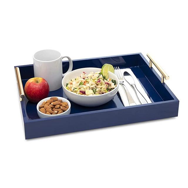 Premium Ottoman Tray- Chic Decorative Rectangular Serving Tray with Glossy Finish & Polished Metal Handles- Modern & Practical Coffee Table Tray- Perfect for Ottoman, Console, Side Table- Blue, Gold