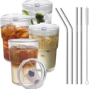 Iced Coffee Cups With Lids and Straws 4 Pcs, 16 OZ Unbreakable Glasses Drinking Set,Clear Plastic Cups Reusable Iced Coffee Tumbler with Lid and Straw, To Go Coffee Cups Dishwasher Safe