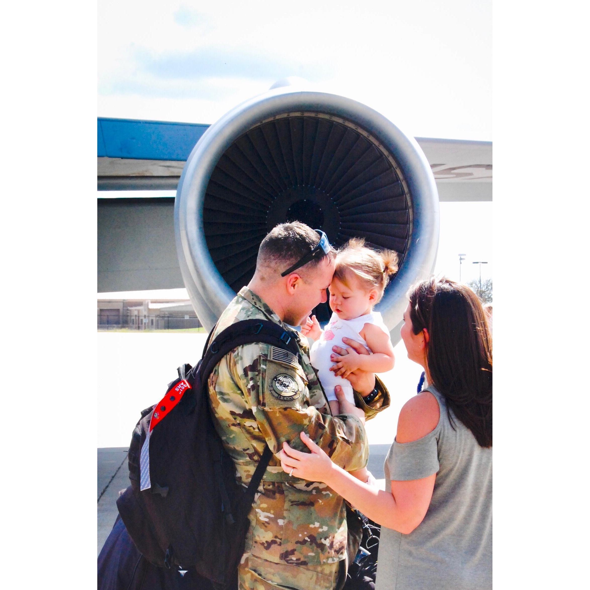 Chad Smith with wife Camilla and daughter McKenna.  Home base is KS.  Chad is Cpt in AF.  Currently deployed.