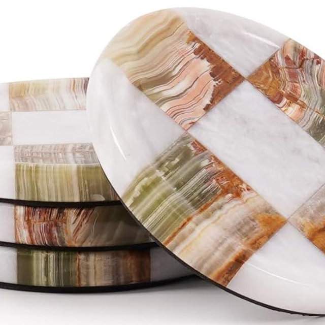 EarthenTones Marble Coasters Set of 4, White & Green Onyx Handmade 4 inch Round Stone Coaster, Decorative Cup Coaster Plates for Dining Table, Housewarming Gift & Luxury Kitchen Accessories