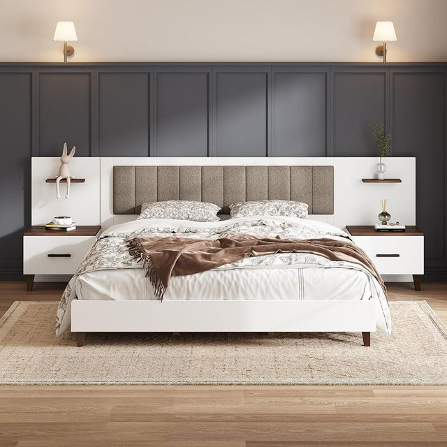 Merax King Bed Frame with 2 Nightstands and 2 Floating Storage Shelves, Contemporary Platform Bed Frame King Size with Upholstered Headboard, No Box Spring Needed
