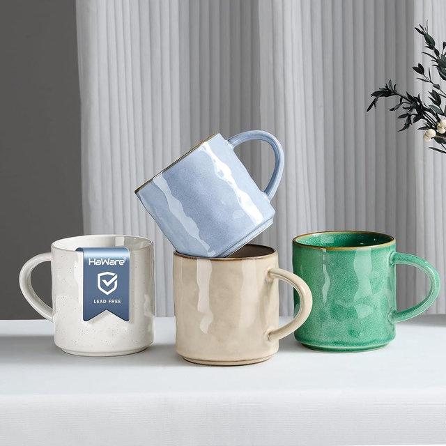 HaWare 14OZ Coffee Mugs Set of 4, Stoneware Coffee Cups with Handle, Latte Mug for Man, Woman, Dad, Mom, Modern Tea Mugs for Latte/Cappuccino/Cocoa/Milk, Dishwasher& Microwave Safe, Multicolor