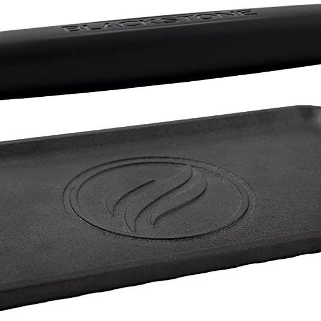 Blackstone 5553 Pre-Seasoned Cast Iron Griddle Press Medium Heavy Duty-Meat, Burger, Bacon, Steak, Panini, Sandwich, Sausage Heat Resistant Rubber Handle-10” x 5.5” (Rectangle), Black