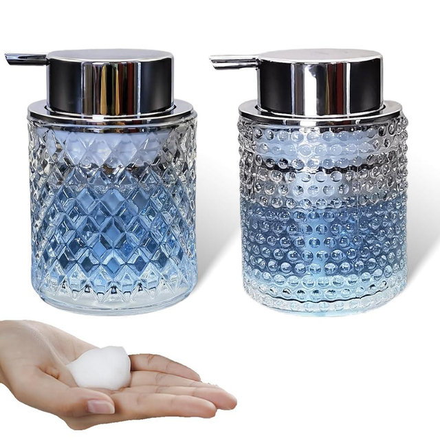Glass Hand Foaming Soap Dispensers with Silver Pump Refillable Hand Soap Dispenser for Bathroom Kitchen (2Pack-D882+D883)