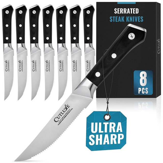 Cutluxe Steak Knives Set of 8, Serrated Steak Knives – Forged High Carbon German Steel, Full Tang, Ergonomic Handle Design – Artisan Series