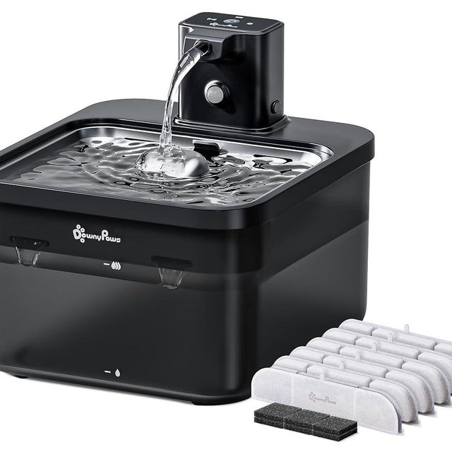 DownyPaws Cat Water Fountain Stainless Steel Cordless, 84oz/2.5L Fursink Wireless Pet Water Fountains for Cats Indoor, Battery Operated Cat Drinking Fountain, BPA-Free, Black with 6 Filters