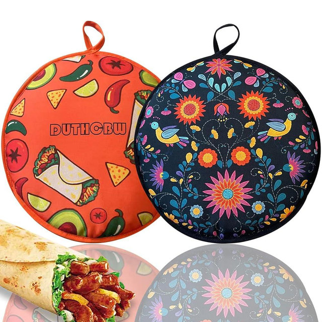 Duthcbw 2 PACK Large Tortilla Warmers, Premium Insulated Fabric Pouch Keeps Tacos, Naan, Pizza & Flour Tortillas Cozily Warm, Microwavable & Classic, Ideal for Family Feasts, Orange/Black