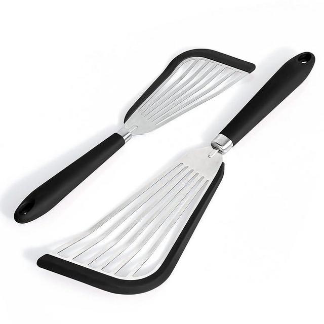 2 Pcs Fish Spatulas For Nonstick Cookware, Silicone fish turner spatula for Cooking Fried Egg Burger Steak (Black)