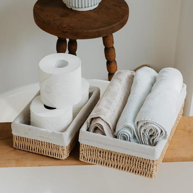Beautiful Toilet Paper Storage Basket Set of 2 – Decorative Wicker Bathroom Organizer for Toilet Tank Trays - Quality Holder Bin for Shelves Fits Perfectly with Any Bathroom Decor