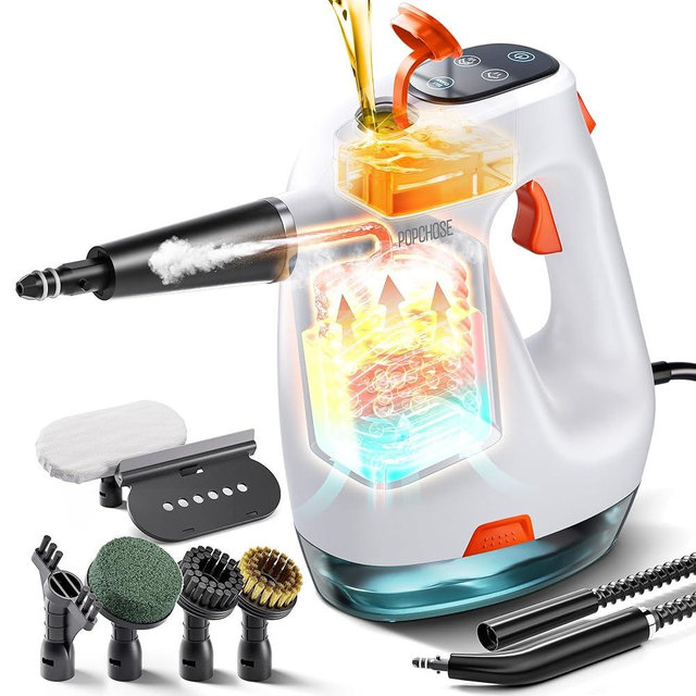 POPCHOSE Steam Cleaner with Detergent Dispenser, 15s Heat-Up Handheld Steam Cleaner for Home, 500ml Removable Water Tank, Lightweight Portable Steamer for Cleaning Grout, Windows, Kitchen, Easy Refill