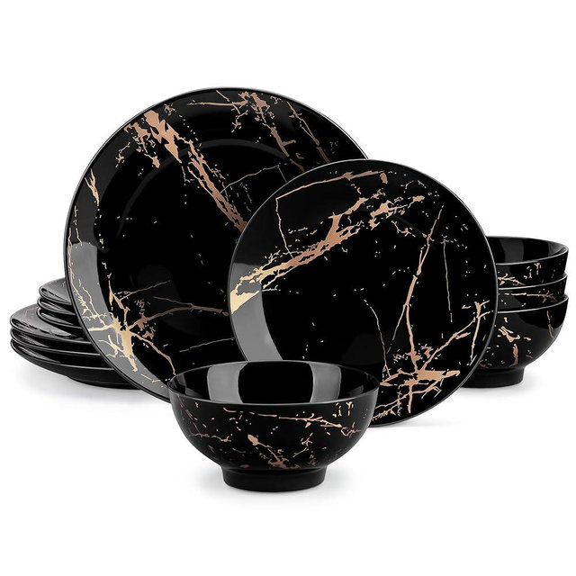 LOVECASA Plates and Bowls Sets for 4, 12 Pieces Porcelain Dinnerware Sets, Black and Gold Dish Set Gold Splash Dishware Sets, Dishwasher Microwave Safe