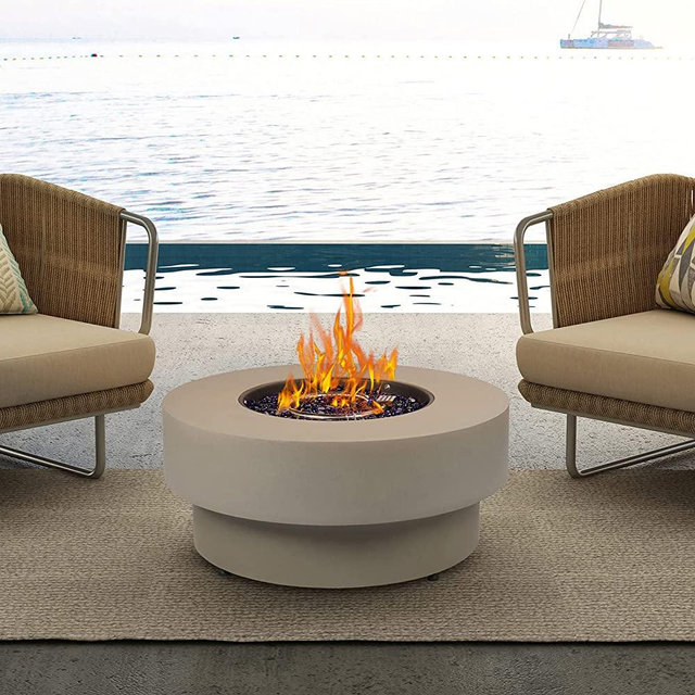 BAIDE Home Propane Outdoor Fire Pit Table, Flint & Concrete Look 33-inch Round Patio Gas Fire Table 50,000 BTU w/ Lid, Fire Glass, Heavy Duty Rain Cover, 10ft Propane Extension Hose