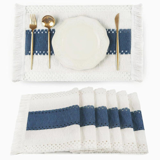 FEXIA Blue Boho Placemats Set of 6, Macrame Table Decor and Farmhouse Style Placemats Natural Cotton Burlap, for Dining Table, Blue