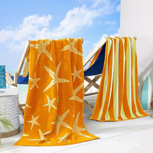 2 Pack Plush Orange & Yellow Star Fish & Stripes Print Beach Towels. 100% Cotton Nautical  Beach Towels, Large Pool Towels. Maui Collection (30”x60”)