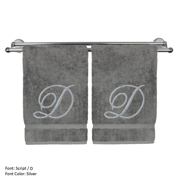 BC BARE COTTON Monogrammed Hand Towel, 100% Turkish Cotton - Set of 2 - Gray - Silver Script - D