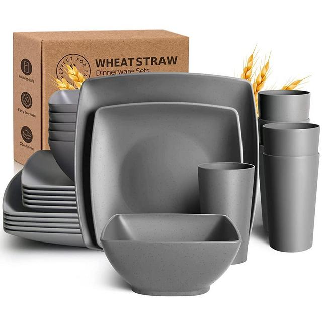 Teivio 24-piece Wheat Straw Square Dinnerware Set for 6, Unbreakable Dinner Plates, Salad Plates, Snack Bowls, Tumblers 20 oz, Dishwasher Safe (Service for 6 (24 pieces), Grey)