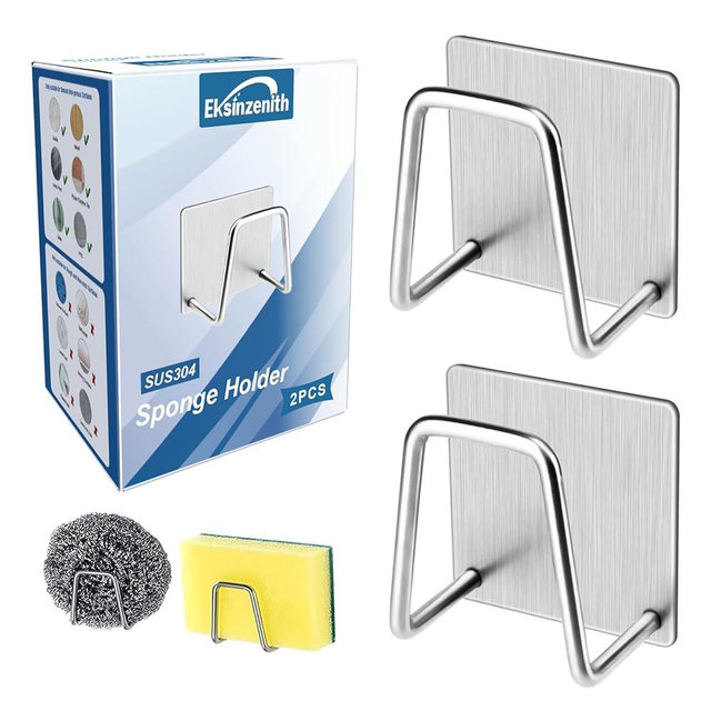 Eksinzenith 2Pcs Sponge Holder for Kitchen Sink，Strong Adhesive Small Sponge Holder，Sink Holder for Brush and Sponge，Premium Rustproof SUS304 Stainless Steel Rust Proof Waterproof (Silver)
