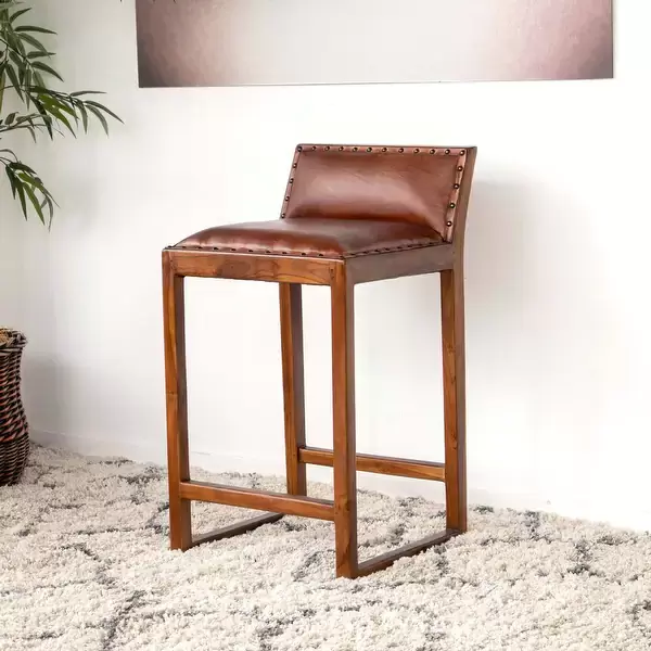 Allegra Mid-Century Design Square Genuine Leather Counter Stool in Tan - N/A