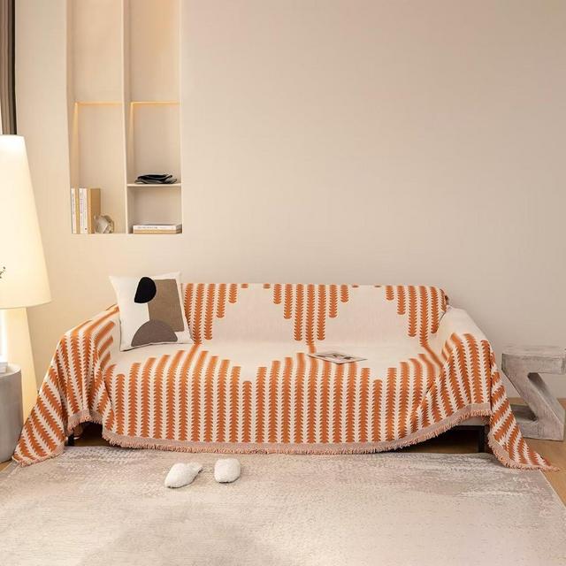 VClife Boho Couch Cover Thick Soft Chenille Caramel Beige Stripe Herringbone Jacquard Sofa Slipcover Futon Cover Loveseat Cover with Tassel Washable Non Slip Couch Slipcover for 2-3 Cushion Couch Sofa