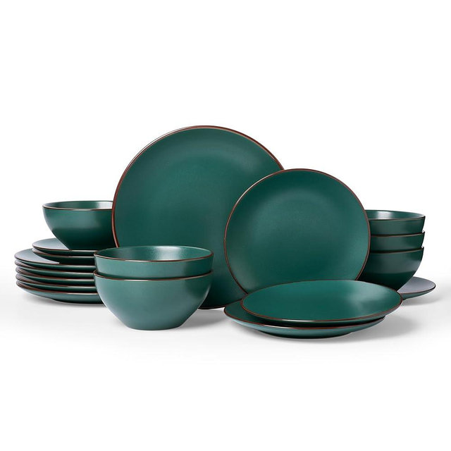 Famiware Venus Plates and Bowls Sets with Trim, 18 Pieces Speckled Stoneware Dinnerware Set for 6, Matte Dark Green - Modern Minimalist, Microwave & Dishwasher Safe Dishes for Everyday & Formal Dining