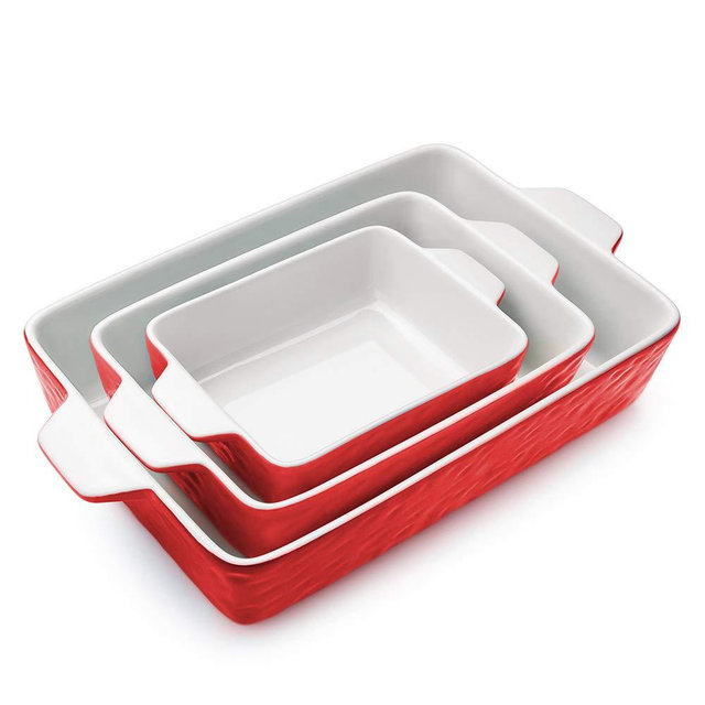 Bakeware Set, Krokori Rectangular Baking Pan Ceramic Glaze Baking Dish for Cooking, Kitchen, Cake Dinner, Banquet and Daily Use (11.6 x 7.8 Inches, Red)