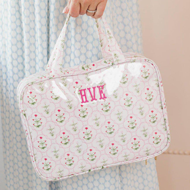 Embroidered Clear Coated Hanging Toiletry Bag // Personalized Floral Makeup Bag Embroidered Gift for Her Bridesmaid Gift Custom Toiletry Bag