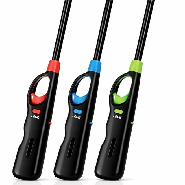 Long Reach BBQ Utility Lighter with Safety Lock, Multipurpose for Grill, Candles, Stove, Fireplace, Assorted Colors, 3 Pack