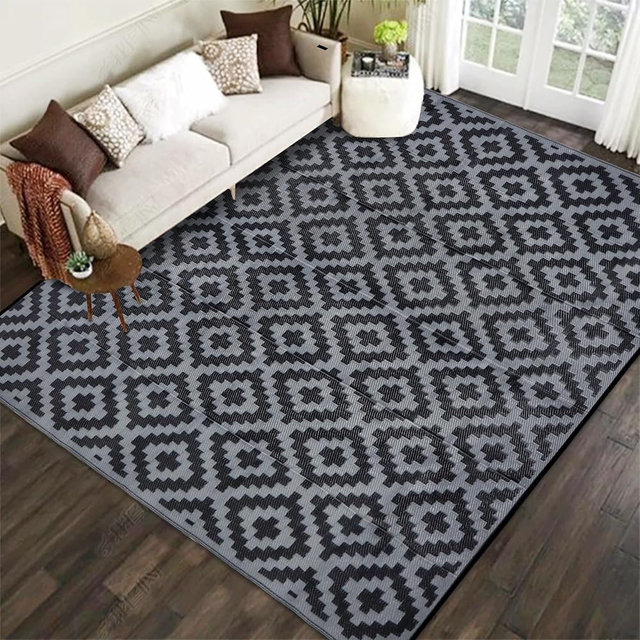 SAND MINE Waterproof Outdoor Rug, Plastic Reversible Rug, Modern Area Rug, Large Floor Mat for Outdoors, RV, Patio, Backyard, Deck, Picnic, Beach, Camping (8' x 8', Black Grey Lattice)