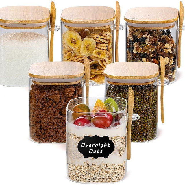 6 Pack Glass Jars with Bamboo Lids and Spoons, 17 OZ Square Glass Jars for Overnight Oats, Airtight Clear Food Storage Containers for Loose Leaf Tea, Coffee Beans, Spices, Housewarming Gifts New Home