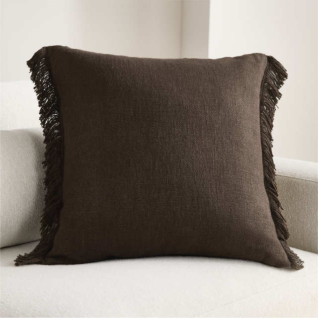 Casual Textured Fringe 23"x23" Deep Brown Throw Pillow with Down-Alternative Insert