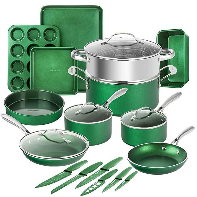 Granitestone Emerald Pots and Pans Set Nonstick, 21 Piece Ultra Durable Complete Kitchen Cookware Set, Complete Knives Set for Kitchen, Pans for Cooking, Oven & Dishwasher Safe, 100& Toxin Free