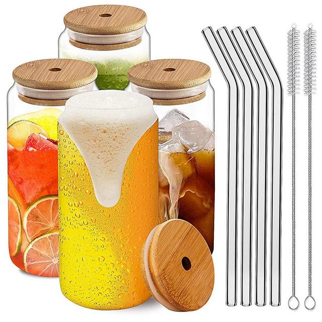 Glass Cups with Lids and Straws 16oz, Yirilan Drinking Glasses Beer Can Glasses Set of 4, Iced Coffee Cups with 4 Bamboo Lids, 4 Glass Straws, 2 Straw Cleaners, Glass Tumbler Reusable Cute Cups, Clear