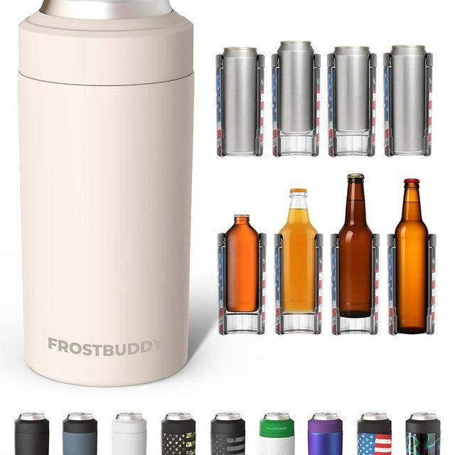 Frost Buddy Universal Can Cooler - Fits all - Stainless Steel Can Cooler for 12 oz & 16 oz Regular or Slim Cans & Bottles - Stainless Steel (Buttercream)