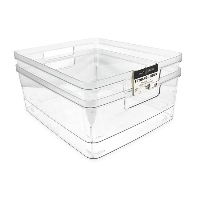 Isaac Jacobs 2-Pack Large Clear Storage Bins (11.5” L x 14” W x 5.5” H) w/ Cutout Handles, Plastic Organizer for Home, Office, Kitchen, Fridge/Freezer, Bathroom, BPA Free, Food Safe (2-Pack, Large)