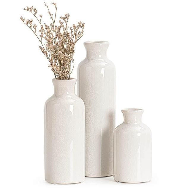 TIMEYARD White Ceramic Vases Set of 3, Modern Farmhouse Vases for Flowers, Rustic Home Decor, Decorative Vintage Vase Set for Table, Cabinet, Hallway, Living Room, Entryway