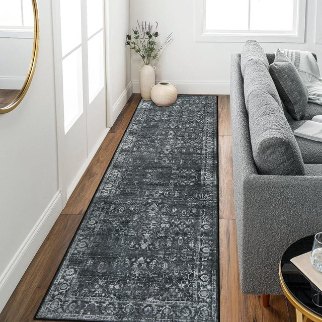Morebes Vintage Rug Runners for Hallways with Rubber Backing, Washable 2.5x8 Bathroom Runner Mat, Non Shedding Distressed Indoor Floor Carpet Runner for Laundry Room Bedroom,Black
